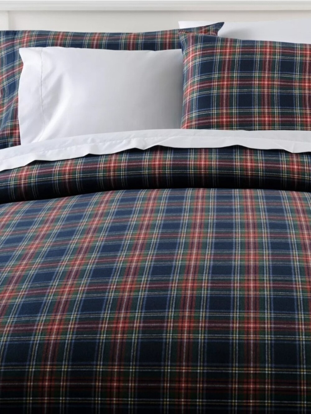 L.L. Bean Heritage Chamois Flannel Comforter Cover Navy Plaid Queen * No Shams*